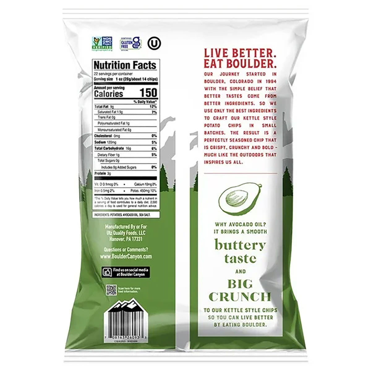 Boulder Canyon Avocado Oil Kettle Cooked Potato Chips, Sea Salt Flavor – Gluten-Free, Non-GMO, 22 oz Family Size Bag