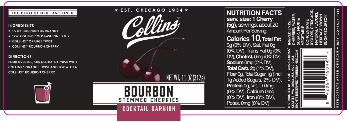 Collins Bourbon Cherries - Garnish for Manhattan or Old Fashioned Cocktails and Desserts, 11 oz